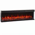 Black 153 cm 3-sided electric fireplace insert with glowing red flames and log effect, white background