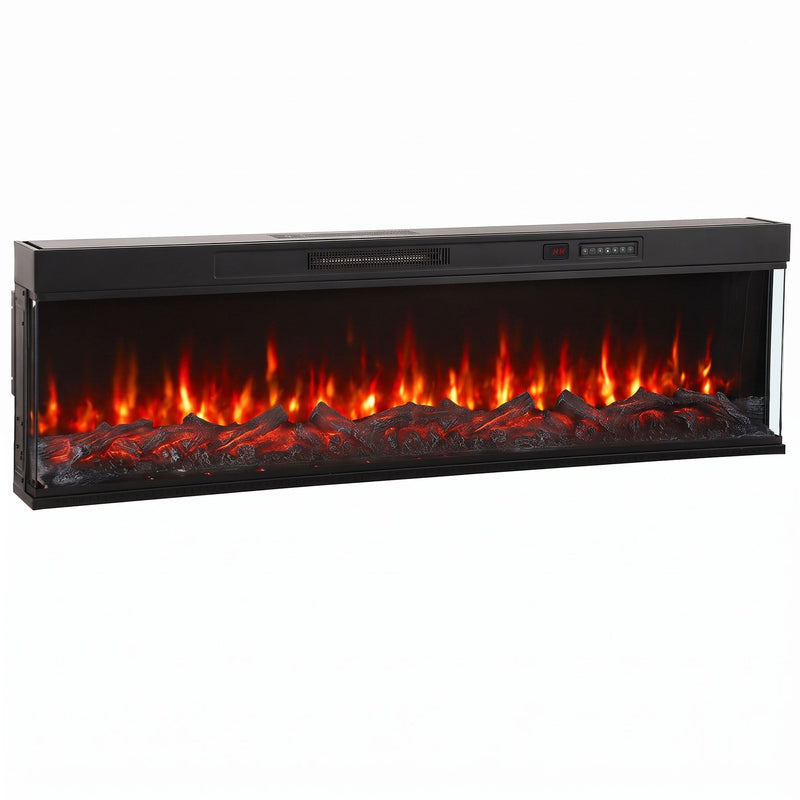 Black 153 cm 3-sided electric fireplace insert with glowing red flames and log effect, white background