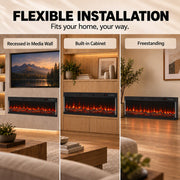 Flexible installation options shown: recessed in a media wall, built into a cabinet and freestanding