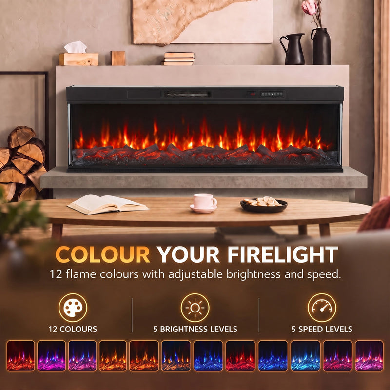 Flame effect panel showing adjustable colour, ember bed colour, brightness and speed