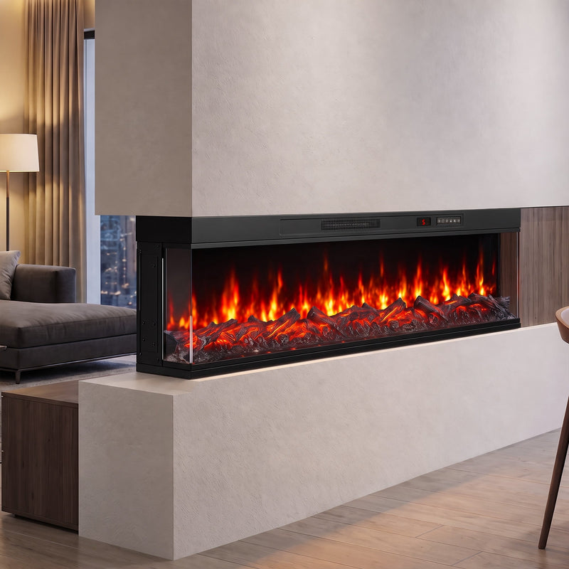 Electric fire set into a plaster wall divider with glass sides and a sofa beyond