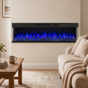 Electric fire with blue flames on a wall above a sofa and coffee table