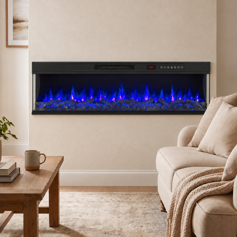 Electric fire with blue flames on a wall above a sofa and coffee table