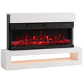 White 3-sided electric fireplace with red flames on a white plinth with an open display shelf
