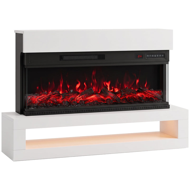 White 3-sided electric fireplace with red flames on a white plinth with an open display shelf