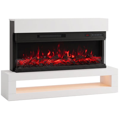 White 3-sided electric fireplace with red flames on a white plinth with an open display shelf