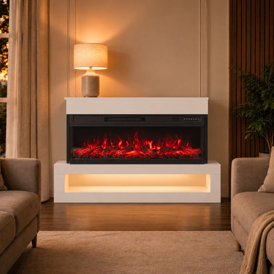 White 3-sided electric fireplace in a living room beside a table lamp and sofa