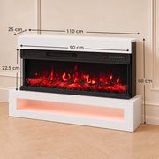 Dimensions diagram of the white 3-sided fireplace showing 110 cm wide, 25 cm deep, 68 cm high and a 90 x 22.5 cm flame window