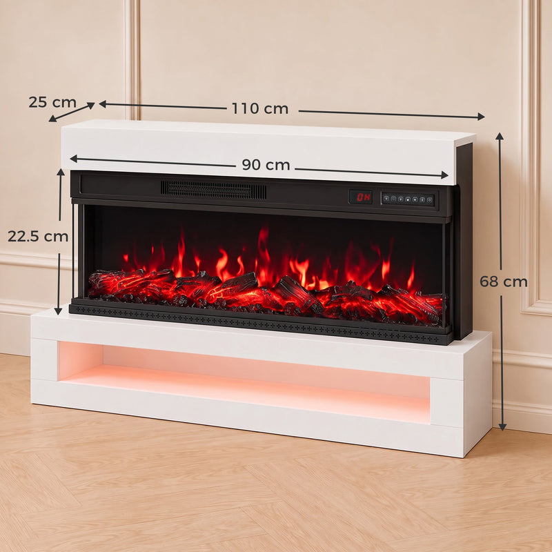 Dimensions diagram of the white 3-sided fireplace showing 110 cm wide, 25 cm deep, 68 cm high and a 90 x 22.5 cm flame window