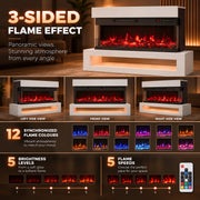 Three-sided flame effect graphic showing the fireplace from three angles