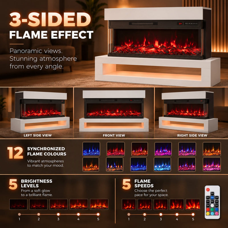 Three-sided flame effect graphic showing the fireplace from three angles