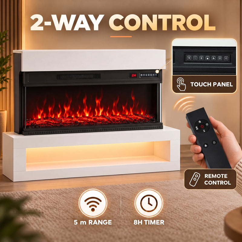 Two-way control graphic showing the touch panel and remote control with 5 m range and 8H timer