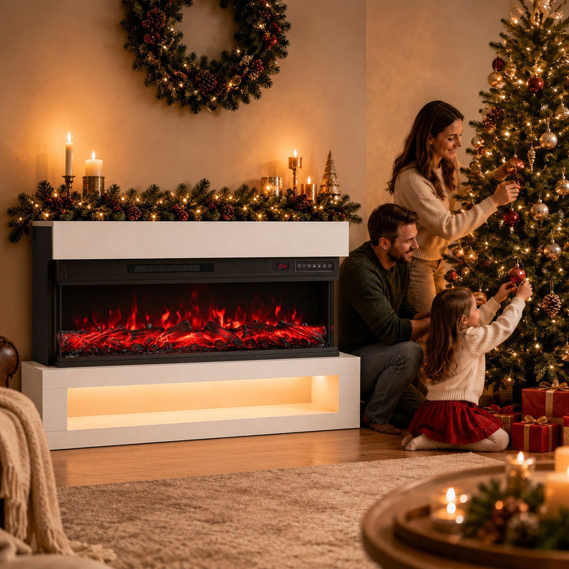 White 3-sided electric fireplace in a living room decorated for Christmas with a family beside it
