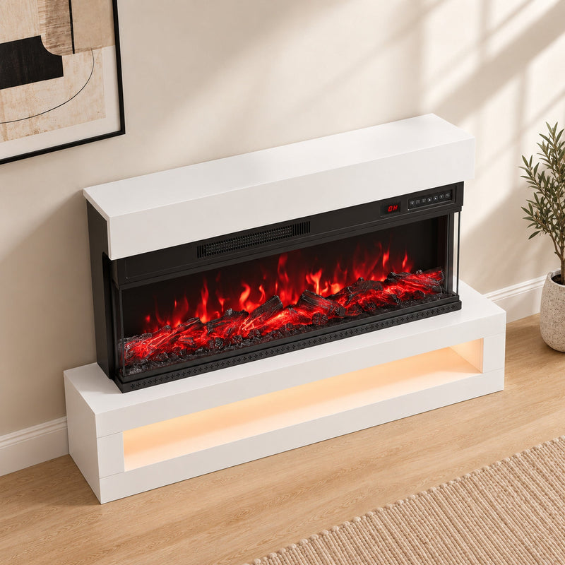 White 3-sided electric fireplace shown at an angle on a wooden floor beside a wall