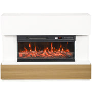 White 3-sided electric fireplace with a natural wood-tone base and log flame effect on a white background