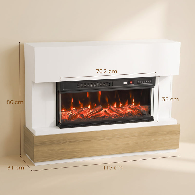 Dimensions diagram of the white 3-sided fireplace showing 117 cm wide, 31 cm deep, 86 cm high and a 76.2 cm insert
