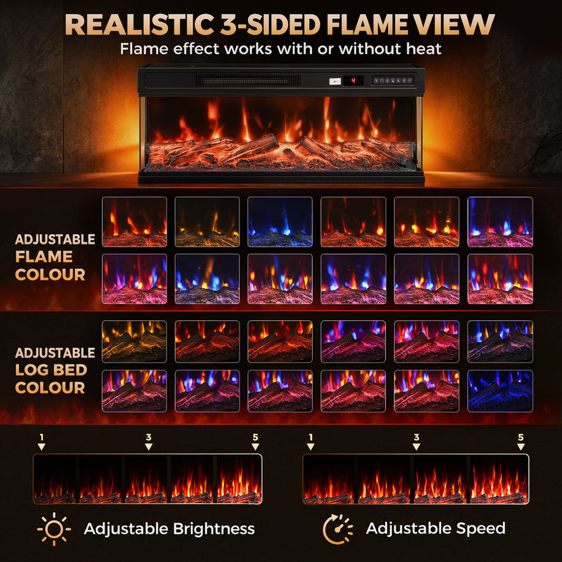 3-sided flame view graphic showing the fireplace and 12 adjustable flame colours