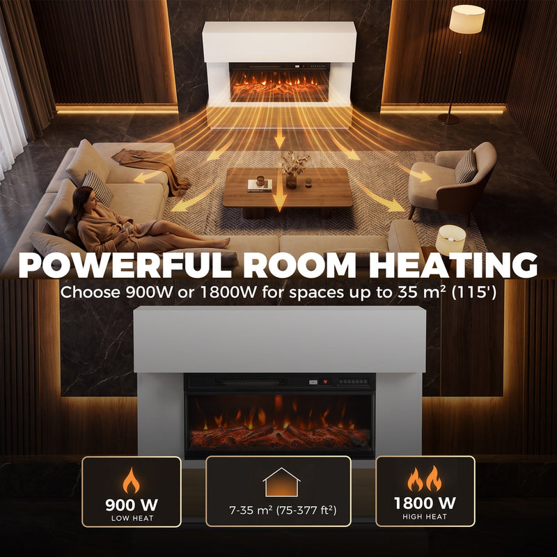 Room heating graphic with warm air spreading across a living room for spaces up to 35 m²