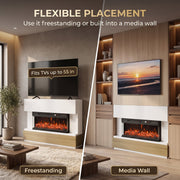 Flexible placement graphic showing the fireplace freestanding and built into a media wall, fits TVs up to 55 inches