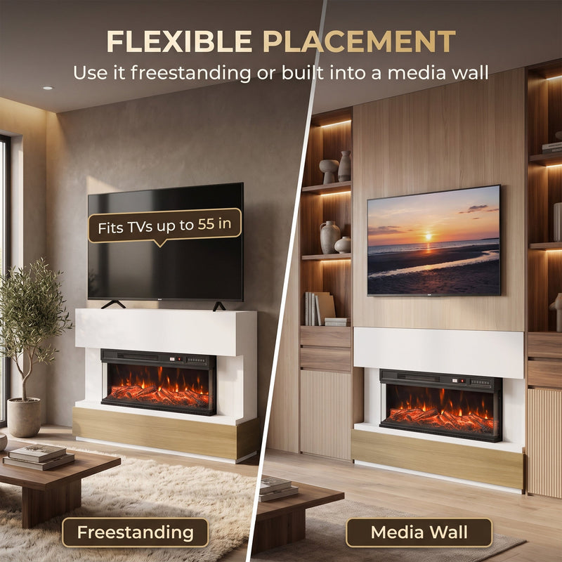 Flexible placement graphic showing the fireplace freestanding and built into a media wall, fits TVs up to 55 inches