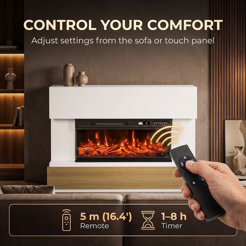 Remote control graphic showing the 5 m remote and 1-8 hour timer
