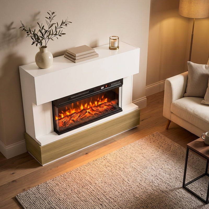 White 3-sided fireplace with a wood-tone base shown at an angle in a living room corner