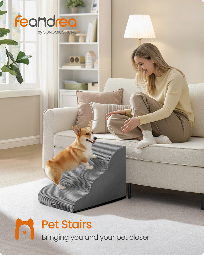 Feandrea Pet Stairs banner showing a corgi climbing the 3-step dog stairs in Dove Grey
