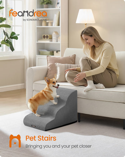 Feandrea Pet Stairs banner showing a corgi climbing the 3-step dog stairs in Dove Grey