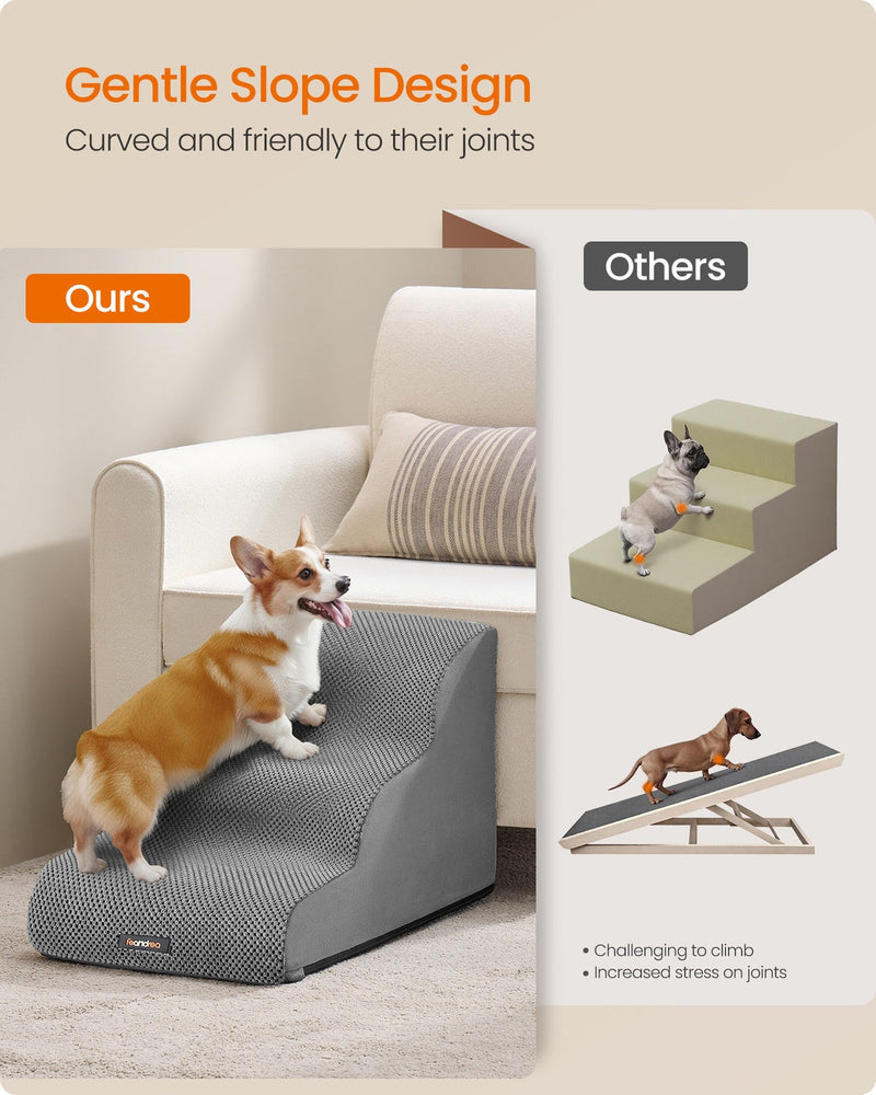 Gentle slope design of the 3-step dog stairs compared with traditional boxy pet steps and a ramp
