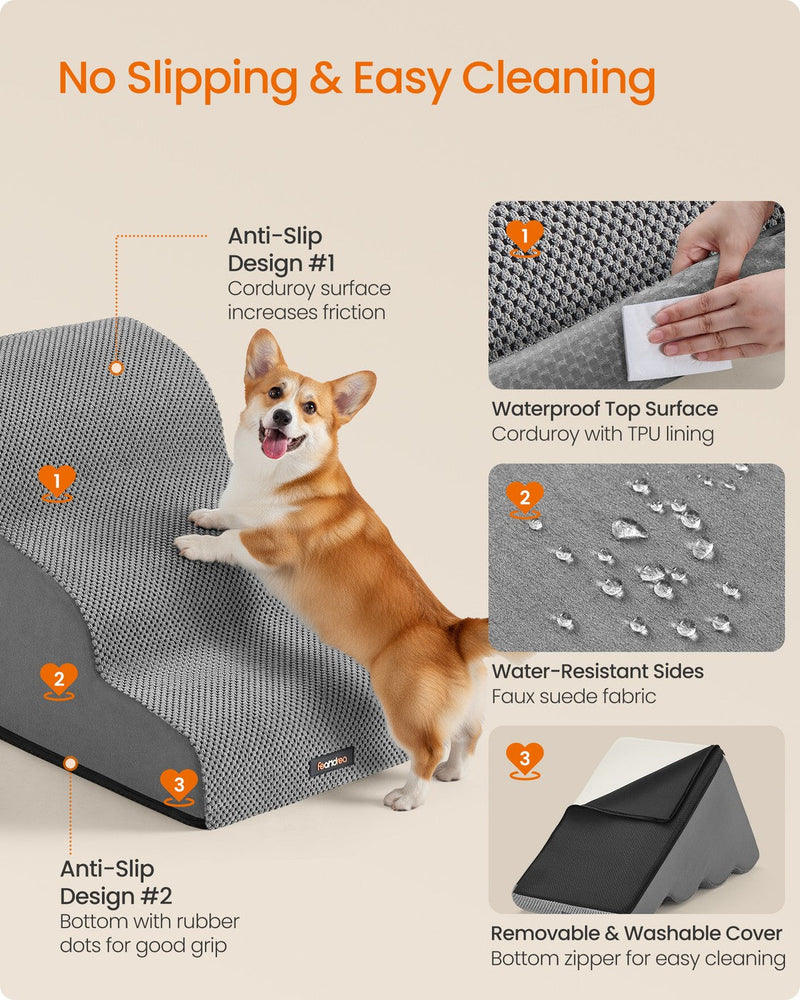 Corduroy anti-slip surface, rubber-dot base and removable washable cover on the 3-step dog stairs