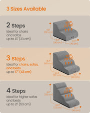 Size comparison chart of Feandrea 2-step, 3-step and 4-step dog stairs dimensions