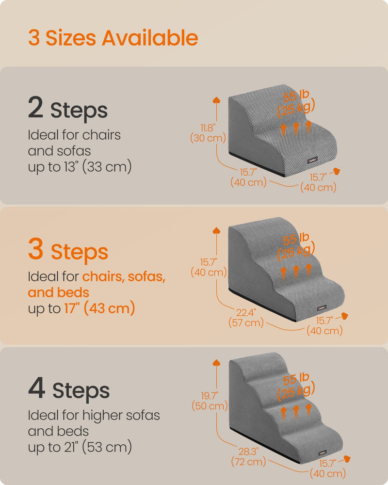 Size comparison chart of Feandrea 2-step, 3-step and 4-step dog stairs dimensions