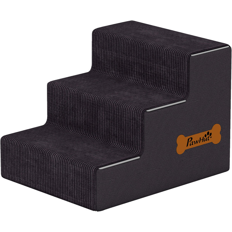 Dark grey 3-step dog stairs on a white background with an orange PawHut bone label