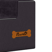 Close-up of the orange PawHut bone label on the dark grey cover