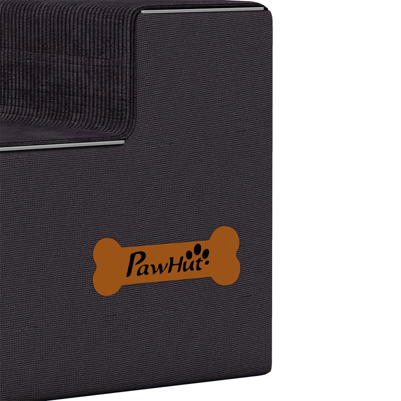Close-up of the orange PawHut bone label on the dark grey cover