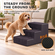 Fluffy dog on the stairs with a close-up of the non-slip dotted base