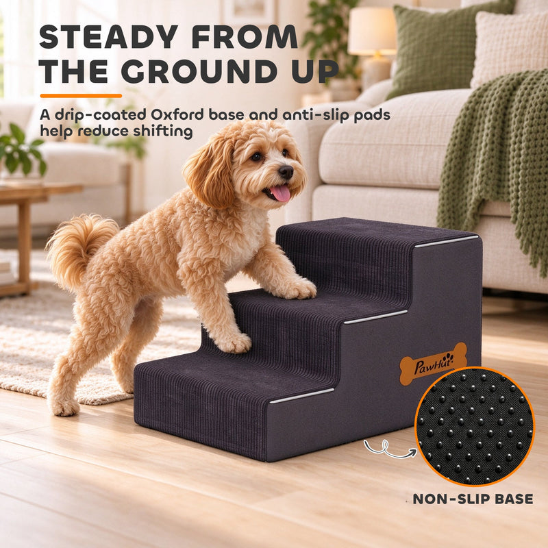 Fluffy dog on the stairs with a close-up of the non-slip dotted base