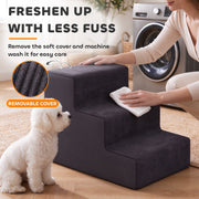 Woman wiping the removable cover with a cloth, small dog beside the stairs