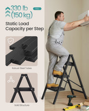 Panel showing the 150 kg per step static load rating and the robust steel tube frame