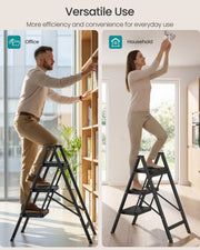 Split panel showing the ladder used to reach an office shelf and a ceiling light at home