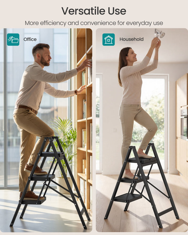 Split panel showing the ladder used to reach an office shelf and a ceiling light at home