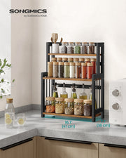 Storage rack shown on a kitchen countertop with spice jars