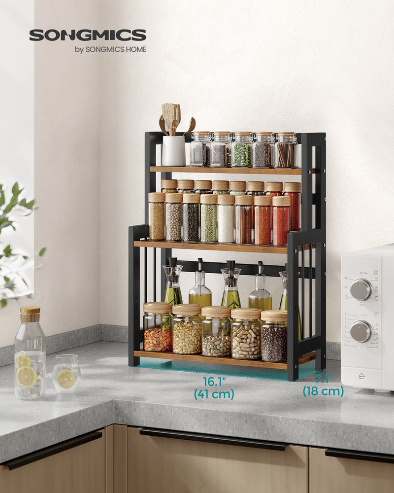 Storage rack shown on a kitchen countertop with spice jars