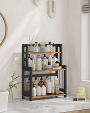 Close-up of bamboo shelf material and black frame joint