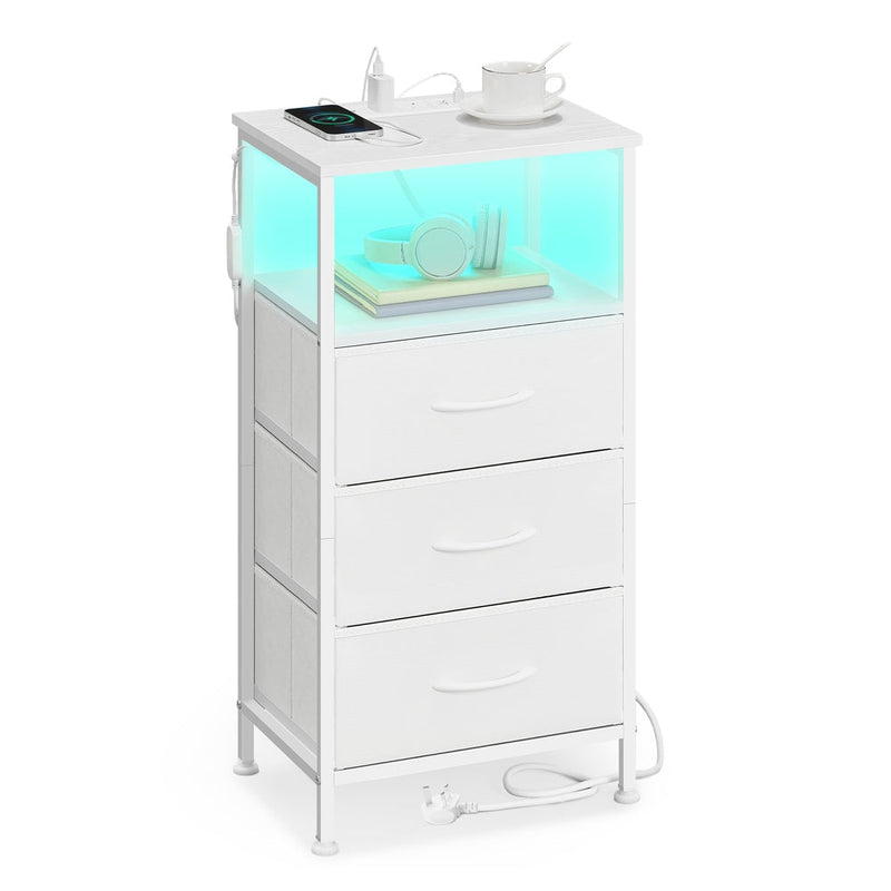 White 3-tier bedside table with 3 fabric drawers and a lit open shelf