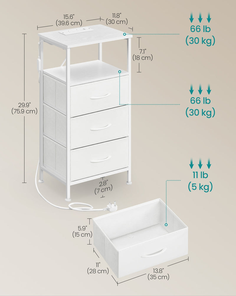 Dimensions diagram showing 39.6 x 30 x 75.9 cm and the drawer load limits