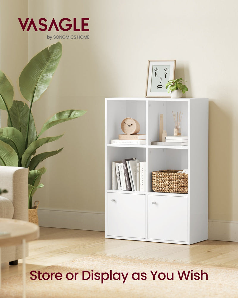 VASAGLE by Songmics Home bookcase styled in a living room with books, a clock and a woven basket on the open shelves