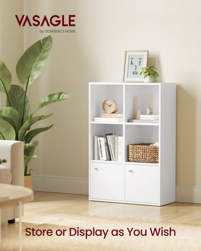VASAGLE by Songmics Home bookcase styled in a living room with books, a clock and a woven basket on the open shelves