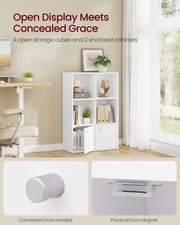 Open cube shelves and enclosed cabinet doors on the bookcase, shown in a home office setting