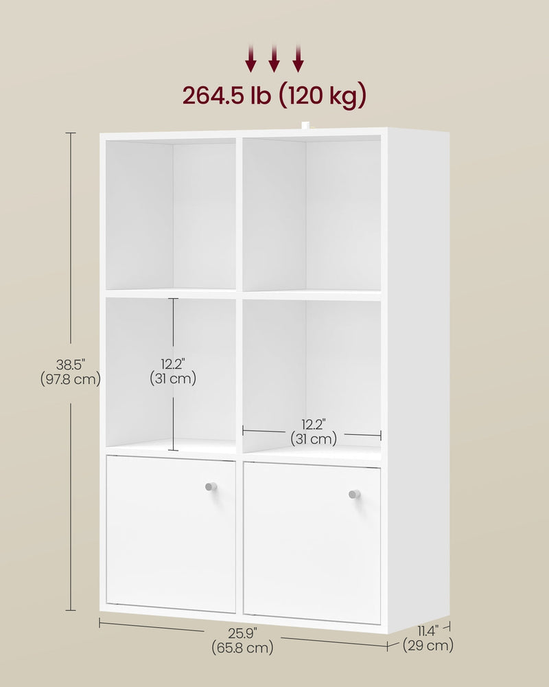 Dimension diagram showing the bookcase at 65.8 cm wide, 29 cm deep and 97.8 cm tall with a 120 kg total load rating